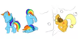 Size: 695x348 | Tagged: apple, applebucking, applejack, artist:furseiseki, derpibooru import, feet, food, rainbow dash, safe, simple background, wat, white background