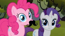 Size: 851x467 | Tagged: safe, derpibooru import, screencap, pinkie pie, rarity, earth pony, pony, unicorn, spike at your service, female, mare, moustache