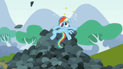 Size: 576x324 | Tagged: safe, derpibooru import, rainbow dash, spike at your service, animated, circling stars, dizzy, rock