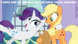 Size: 1024x576 | Tagged: suggestive, derpibooru import, edit, edited screencap, screencap, applejack, rarity, earth pony, pony, unicorn, spike at your service, caption, female, image macro, implied rape, lesbian, mare