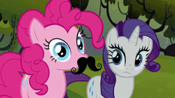 Size: 576x324 | Tagged: safe, derpibooru import, applejack, pinkie pie, rarity, spike at your service, animated, moustache, net, party cannon