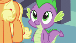 Size: 576x324 | Tagged: safe, derpibooru import, screencap, applejack, spike, dragon, earth pony, pony, spike at your service, animated, cute, female, male, mare, missing cutie mark, spikabetes