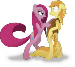 Size: 5200x4596 | Tagged: safe, artist:randomlywhimsical, derpibooru import, braeburn, pinkie pie, pony, absurd resolution, bedroom eyes, bipedal, braepie, eye contact, female, floppy ears, looking at each other, male, nervous, pinkamena diane pie, shipping, straight, undressing, varying degrees of want, wide eyes