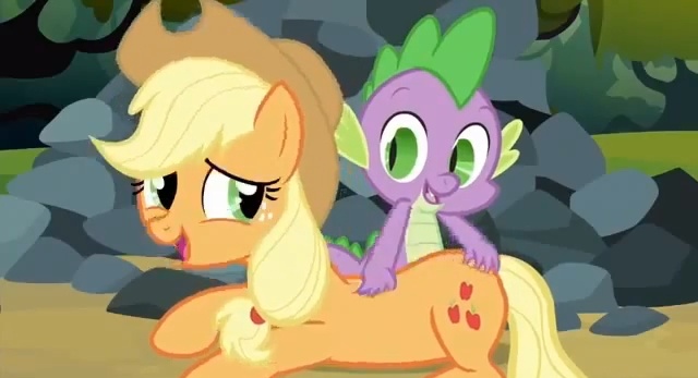 Size: 640x347 | Tagged: safe, derpibooru import, screencap, applejack, spike, dragon, earth pony, pony, spike at your service, applespike, back scratching, butt touch, female, hand on butt, male, mare, massage, out of context, petting, plot, shipping, straight