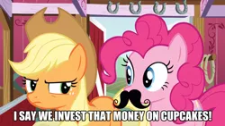 Size: 1366x768 | Tagged: safe, derpibooru import, applejack, pinkie pie, spike at your service, image macro, moustache, mr. burns, reference, the simpsons