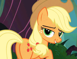 Size: 700x540 | Tagged: safe, derpibooru import, screencap, applejack, earth pony, pony, spike at your service, animated, eyebrow wiggle, female, lidded eyes, looking at you, looking back, mare, out of context, plot, solo, stupid sexy applejack