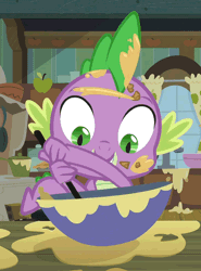Size: 400x540 | Tagged: animated, baking, batter, bowl, derpibooru import, dragon, helping, male, messy, open mouth, safe, screencap, smiling, solo, spike, spike at your service, stirring
