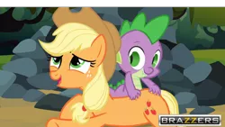 Size: 1200x675 | Tagged: suggestive, derpibooru import, edit, screencap, applejack, spike, dragon, earth pony, pony, spike at your service, applespike, back scratching, brazzers, butt touch, female, hand on butt, lip bite, male, mare, massage, meme, open mouth, out of context, petting, shipping, straight