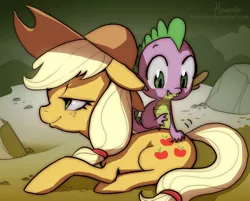 Size: 1134x910 | Tagged: safe, artist:hinoraito, derpibooru import, applejack, spike, dragon, earth pony, pony, spike at your service, applespike, female, hand on butt, male, mare, rump scritches, scene interpretation, scratching, shipping, straight