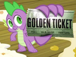 Size: 1200x900 | Tagged: safe, derpibooru import, edit, edited screencap, screencap, spike, dragon, spike at your service, exploitable meme, golden ticket, male, spike card meme, willy wonka