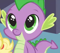 Size: 618x543 | Tagged: safe, derpibooru import, screencap, applejack, spike, dragon, spike at your service, baby, baby dragon, big eyes, big pupils, carousel boutique, cute, enlarged pupils, fangs, looking up, male, puppy dog eyes, smiling, spikabetes, tail