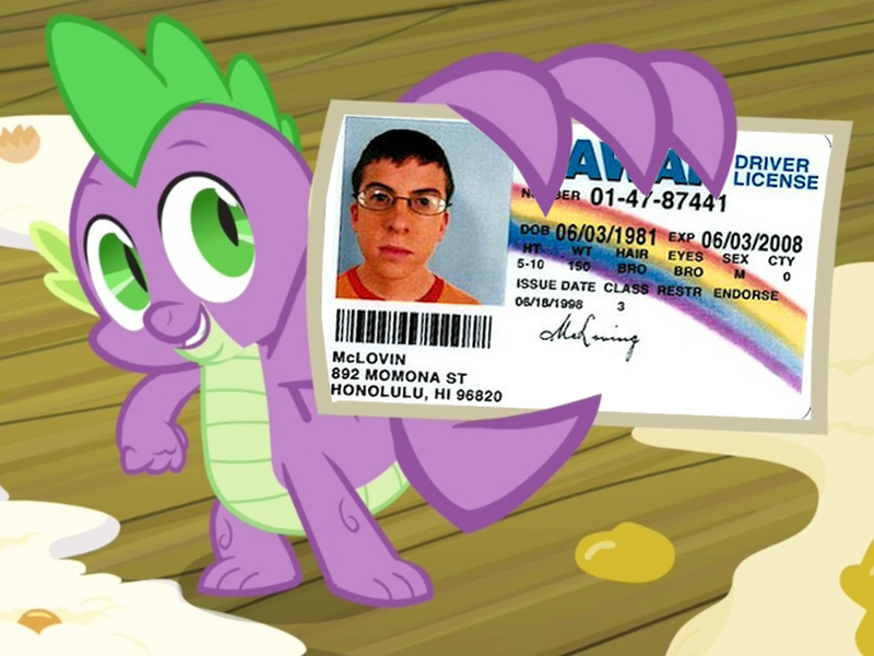 Size: 900x675 | Tagged: safe, derpibooru import, edit, edited screencap, screencap, spike, dragon, spike at your service, exploitable meme, id card, male, mclovin, spike card meme, superbad