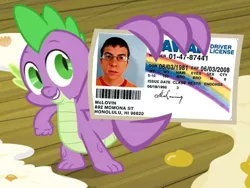 Size: 900x675 | Tagged: safe, derpibooru import, edit, edited screencap, screencap, spike, dragon, spike at your service, exploitable meme, id card, male, mclovin, spike card meme, superbad