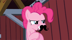Size: 600x338 | Tagged: safe, derpibooru import, pinkie pie, spike at your service, animated, moustache, plotting, solo