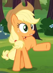 Size: 483x667 | Tagged: safe, derpibooru import, screencap, applejack, earth pony, pony, spike at your service, female, mare, missing cutie mark, out of context, raised leg