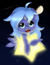 Size: 782x1025 | Tagged: safe, artist:secret-pony, derpibooru import, princess luna, alicorn, pony, ahoge, cute, filly, looking at you, looking up, moon, night, open mouth, sky, smiling, solo, stars, tangible heavenly object, tooth gap, woona, younger