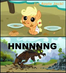 Size: 400x443 | Tagged: safe, derpibooru import, edit, edited screencap, screencap, applejack, earth pony, pony, timber wolf, apple family reunion, spike at your service, babyjack, comic, cute, foal, hnnng, imminent death, king timber wolf, real heart attack, screencap comic