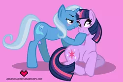 Size: 4400x2942 | Tagged: artist:ladypixelheart, blushing, derpibooru import, female, heart, imminent kissing, lesbian, safe, shipping, smiling, trixie, twilight sparkle, twixie