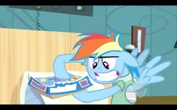 Size: 850x531 | Tagged: safe, derpibooru import, screencap, rainbow dash, pegasus, pony, read it and weep, battlecloud, board game, faic, hospital gown, unibrow