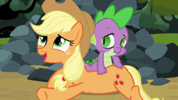 Size: 444x250 | Tagged: safe, derpibooru import, screencap, applejack, spike, dragon, earth pony, pony, spike at your service, animated, applespike, female, hand on butt, male, mare, scratching, shipping, straight