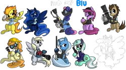 Size: 900x500 | Tagged: safe, artist:d3rpy, derpibooru import, berry punch, berryshine, bon bon, carrot top, derpy hooves, doctor whooves, golden harvest, lyra heartstrings, princess luna, spitfire, sweetie drops, time turner, trixie, pegasus, pony, crossover, engineer, female, gun, mare, parody, scout, team fortress 2, weapon