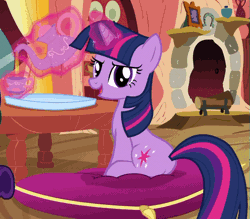 Size: 629x550 | Tagged: safe, derpibooru import, screencap, twilight sparkle, pony, unicorn, spike at your service, animated, cup, female, fireplace, glare, golden oaks library, grin, levitation, log, looking at you, magic, mare, pillow, plot, pouring, sitting, smiling, smirk, solo, table, talking, tea, teacup, teapot, telekinesis, unicorn twilight, wood
