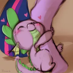 Size: 1000x1000 | Tagged: safe, artist:hinoraito, derpibooru import, spike, twilight sparkle, dragon, pony, baby, baby dragon, blushing, clinging, cute, eyes closed, female, heart, hnnng, hug, leg, male, mare, signature, smiling, solo focus, spikabetes, tail