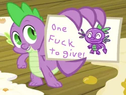 Size: 800x600 | Tagged: safe, derpibooru import, edit, edited screencap, screencap, spike, dragon, spike at your service, actually giving a fuck, exploitable meme, fucks given, male, spike card meme, vulgar