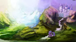 Size: 1920x1080 | Tagged: safe, artist:lukeine, derpibooru import, twilight sparkle, pony, unicorn, castle, city, color porn, female, frown, looking up, mare, mountain, painting, raised hoof, road, scenery, scenery porn, snow, solo, wallpaper