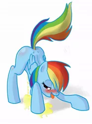 Size: 763x1024 | Tagged: artist needed, suggestive, derpibooru import, rainbow dash, pegasus, pony, blushing, female, looking at you, missing cutie mark, nudity, pissing, simple background, solo, solo female, tongue out, urine, watersports