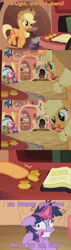 Size: 800x2827 | Tagged: safe, derpibooru import, edit, edited screencap, screencap, applejack, twilight sparkle, earth pony, pony, unicorn, lesson zero, spike at your service, comic, cropped, duo, duo female, female, golden oaks library, inkwell, mare, reading, screencap comic, sitting, super ocd, twilight snapple, unicorn twilight