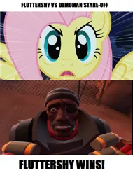 Size: 753x989 | Tagged: safe, derpibooru import, fluttershy, demoman, stare, stare-off, team fortress 2