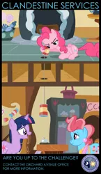 Size: 550x950 | Tagged: canterlot intelligence agency, cia, cup cake, derpibooru import, edit, edited screencap, party of one, pinkie pie, poster, safe, screencap, twilight sparkle