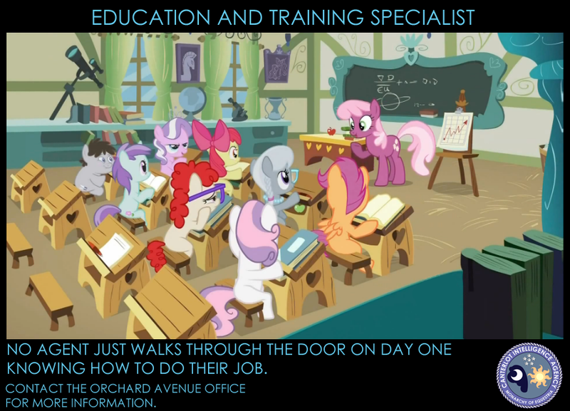 Size: 874x630 | Tagged: apple bloom, canterlot intelligence agency, cheerilee, cia, classroom, derpibooru import, diamond tiara, edit, edited screencap, family appreciation day, liza doolots, petunia, ponyville schoolhouse, poster, safe, scootaloo, screencap, silver spoon, sweetie belle, tootsie flute, truffle shuffle, twist