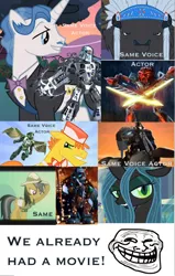 Size: 432x678 | Tagged: bionicle, carrot cake, chief thunderhooves, daring do, derpibooru import, exploitable meme, fancypants, hahli, lego, queen chrysalis, roodaka, safe, same voice actor, tahu, toa matau, toa nuju, trollface