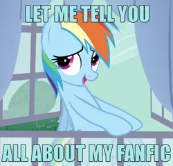Size: 500x477 | Tagged: blue text, derpibooru import, fanfic, image macro, rainbow dash, safe, spike at your service