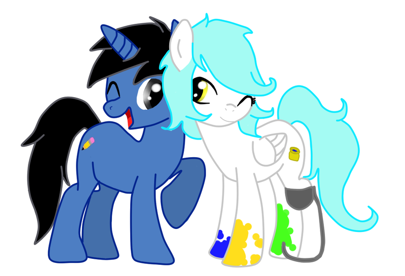 Size: 1082x739 | Tagged: safe, artist:chromadraws, derpibooru import, oc, oc:chroma feather, unofficial characters only, pegasus, pony, unicorn, amputee, couple, disabled, midnytesketch, prosthetics, shipping