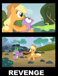Size: 500x651 | Tagged: safe, derpibooru import, edit, edited screencap, screencap, applejack, spike, dragon, earth pony, pony, apple family reunion, spike at your service, bellows, comic, dragonfire, female, fire, fire breath, green fire, inflation, male, mare, screencap comic