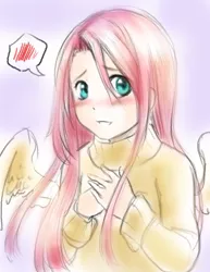 Size: 612x792 | Tagged: artist:ninjaorangexd, blushing, clothes, cute, derpibooru import, female, fluttershy, human, humanized, looking at you, pictogram, safe, shyabetes, solo, speech bubble, sweater, sweatershy, winged humanization
