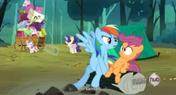 Size: 1581x861 | Tagged: safe, derpibooru import, screencap, rainbow dash, rarity, scootaloo, sweetie belle, camping outfit, hub logo, tent, youtube caption, youtube link