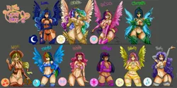 Size: 3000x1500 | Tagged: suggestive, artist:maniacpaint, artist:oddmachine, derpibooru import, applejack, fluttershy, pinkie pie, princess cadance, princess celestia, princess luna, queen chrysalis, rainbow dash, rarity, twilight sparkle, human, :<, armpits, bedroom eyes, belly button, bra, breasts, busty applejack, busty fluttershy, busty pinkie pie, busty princess cadance, busty princess celestia, busty princess luna, busty queen chrysalis, busty rarity, busty twilight sparkle, cleavage, clothes, evening gloves, female, females only, garters, glasses, horned humanization, humanized, lasso, lingerie, looking at you, mane six, mouth hold, open mouth, panties, royal sisters, smiling, spread wings, stockings, thigh highs, thumbs up, underass, underwear, wide hips, winged humanization, wink