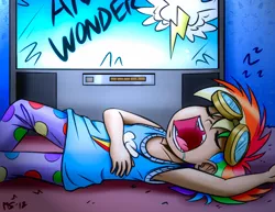 Size: 1280x989 | Tagged: armpits, artist:megasweet, artist:trelwin, clothes, derpibooru import, drool, goggles, humanized, pajamas, rainbow dash, safe, sleeping, solo, television, younger, zzz