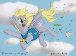 Size: 1369x1000 | Tagged: safe, artist:ratwhiskers, derpibooru import, derpy hooves, bird, pegasus, pony, winter wrap up, clothes, cloud, cloudy, compass, female, flying, looking back, mare, sky, smiling, solo, underhoof, underp, vest, weather team, went north to get the southern birds, windswept mane, winter wrap up vest
