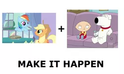 Size: 1337x796 | Tagged: all caps, applejack, brian griffin, derpibooru import, exploitable meme, family guy, make it happen, meme, meta, rainbow dash, safe, spike at your service, stewie griffin