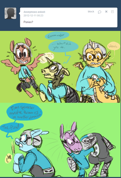 Size: 604x892 | Tagged: safe, artist:pachnoda, derpibooru import, ponified, alicorn, pony, aquabats, crash mclarson, crossover, dragonified, eaglebones falconhawk, jimmy the robot, mc bat commander, ricky fitness, tumblr