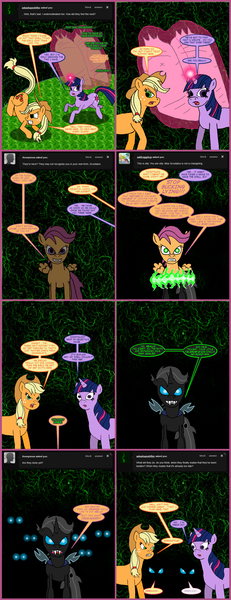 Size: 1330x3450 | Tagged: safe, artist:tdarkchylde, derpibooru import, apple bloom, applejack, queen chrysalis, scootaloo, sweetie belle, twilight sparkle, changeling, earth pony, pony, unicorn, bad end, changeling crusaders, changelingified, cocoon, comic, cutie mark crusaders, disguise, disguised changeling, female, mare, mind control, peril, scootaling, tumblr, tumblr comic