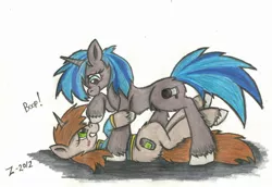 Size: 2265x1559 | Tagged: safe, artist:zubias, derpibooru import, oc, oc:homage, oc:littlepip, unofficial characters only, unicorn, fallout equestria, blushing, boop, clothes, colored hooves, cute, cutie mark, eye contact, fallout, female, fluffy, grin, hoof fluff, leg fluff, looking at each other, mare, noseboop, oc x oc, ocbetes, on back, shipping, shirt, simple background, smiling, squee, text, traditional art, unshorn fetlocks, white background