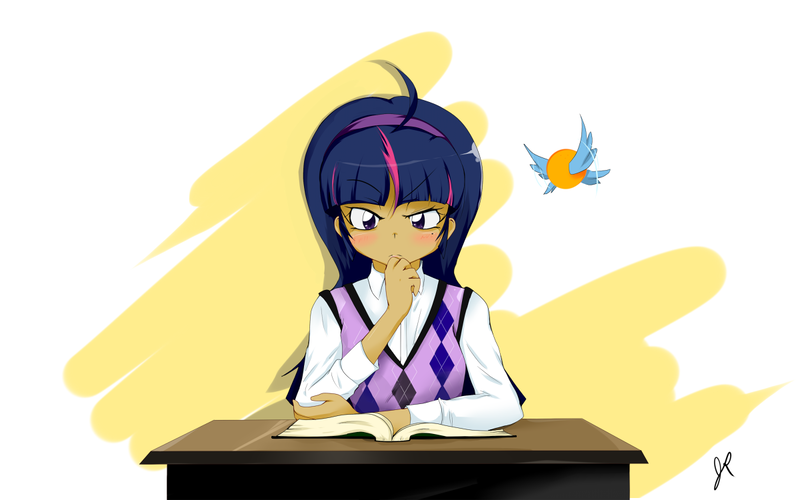 Size: 1200x750 | Tagged: argyle, artist:stalemeat, book, derpibooru import, desk, humanized, orange bird, reading, safe, sweater vest, twilight sparkle