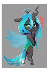 Size: 739x1050 | Tagged: dead source, safe, artist:nauticalsparrow, derpibooru import, queen chrysalis, changeling, changeling queen, pony, bipedal, chibi, cute, cutealis, female, heart, solo