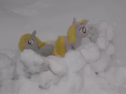 Size: 864x648 | Tagged: safe, artist:eratosofcyrene, derpibooru import, derpy hooves, dinky hooves, pegasus, pony, female, irl, mare, photo, plush derpy, plushie, snow fort